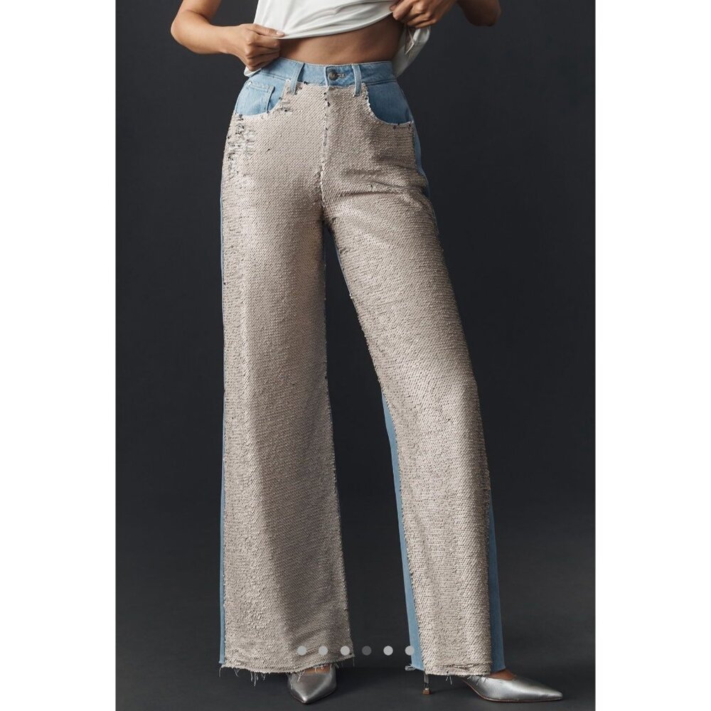 Pilcro High Rise Wide Leg Sequin Skater Jeans 100% Cotton Denim & Embellishments - Picture 2 of 11